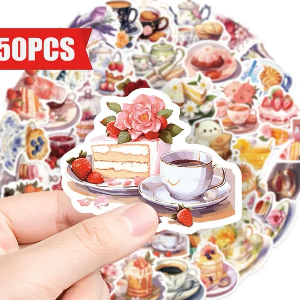50 Tea & Cakes Stickers Pie Croissant Teacup Party Flowers